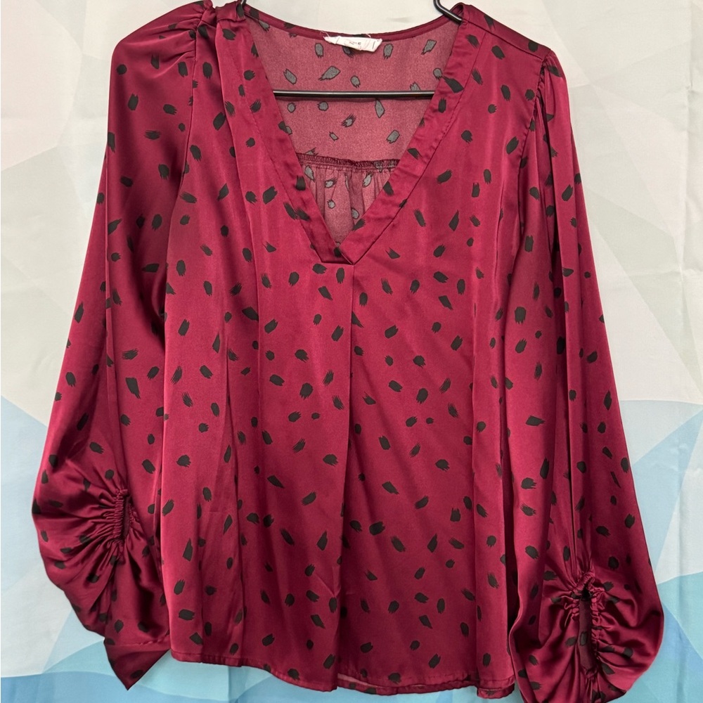 Red Blouse with V-Neckline and Ruched Sleeves